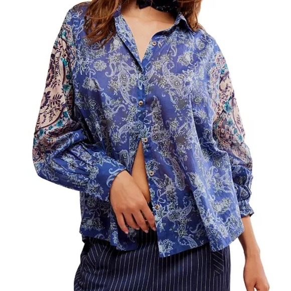 Free People Tops - Free People Rose Bud Paisley Boho Print Button Down Top Size Xs Oversized Blue